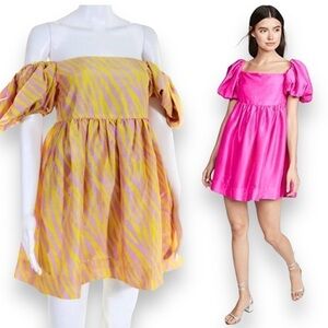 NWT Azeeza Kam Mini Dress Pink Yellow Zebra Puff Sleeve 100% RAW SILK Size Large